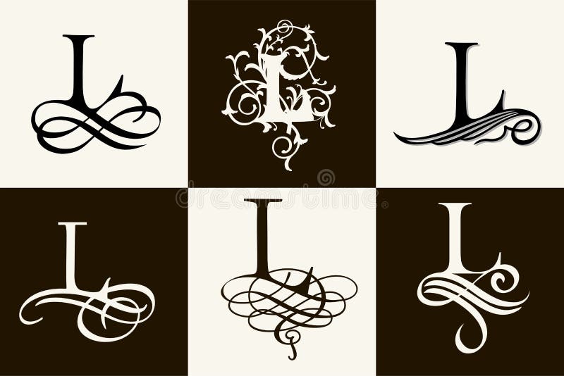 Set de imagini. majuscula l pentru monograme și logouri. font filigree frumos. stil victorian. vector illustration