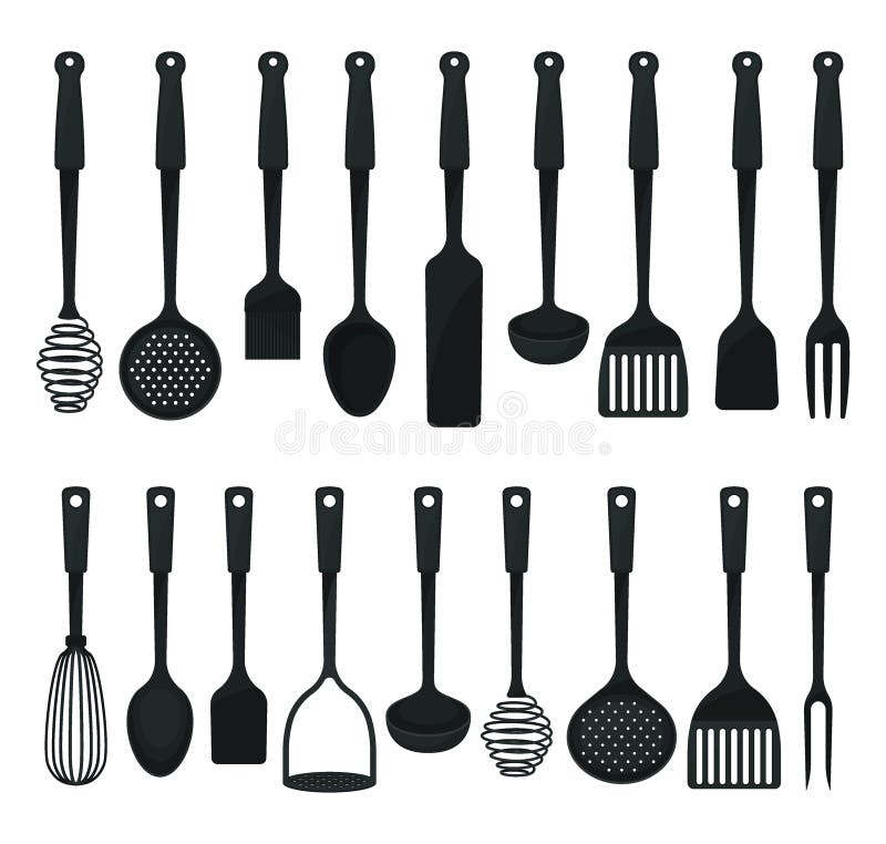 Set de instrumente pentru bucătărie din plastic negru. vectorul colecției de ustensile de bucătărie royalty free illustration