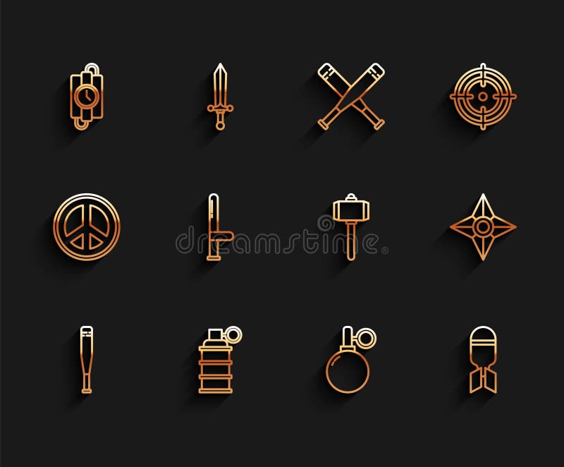 Set de linie de baseball grenade mână de bâtă dinamită cronometru ceas aviație bombă Baton ninja japonez royalty free illustration