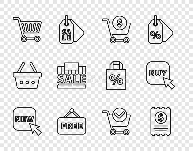 Set de linii cu text nou verificare hârtie și cec financiar coș de cumpărături prețul de vânzare gratuit stock illustration