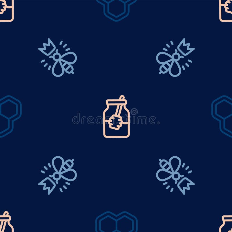 Set de linii de fagure de albine și borcan de miere și de băț de dipper pe un model fără sudură. vector vector illustration