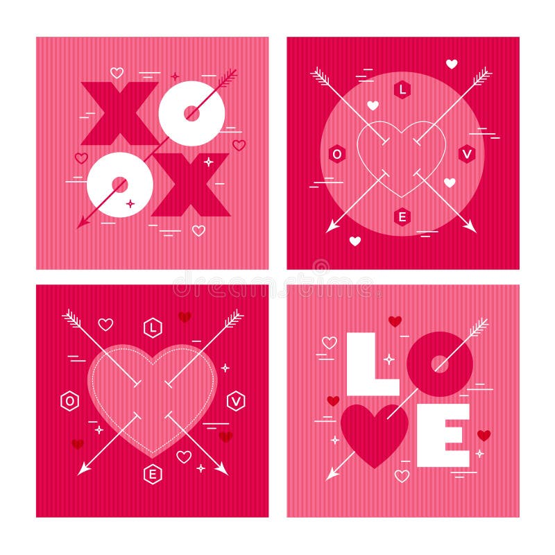 Set de 4 modele moderne de zi geometrică minimalistă pentru sfântul valentin. dragoste inimi oxox cu săgeți cupidon. stock illustration