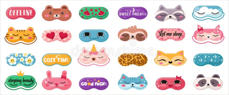 Set de măști de dormit Vector. Măștile de ochi de noapte cu fețe amuzante și modele de somn confortabil stock illustration