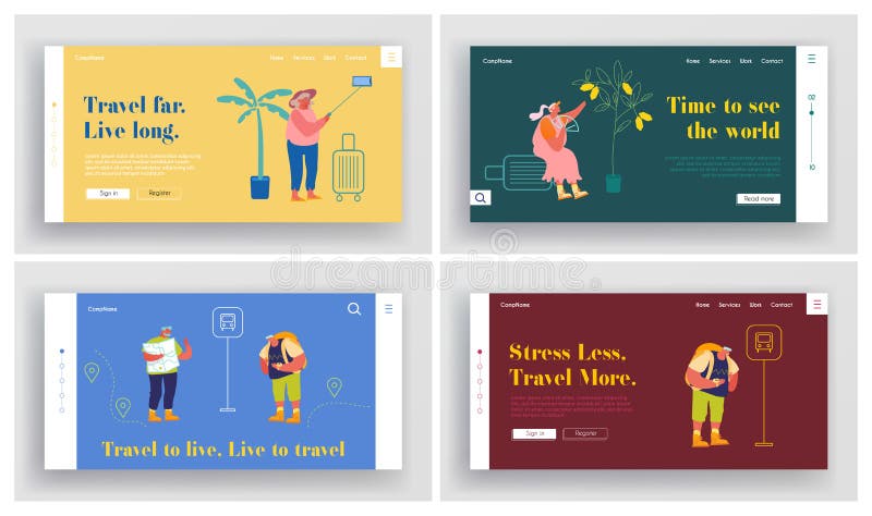Set de pagini pentru debarcarea site-ului web de activitate pentru persoane în vârstă. bărbați și femei în vârstă în vacanța exter stock illustration
