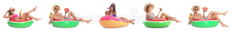 Set de persoane cu inele gonflabile pe alb stock image