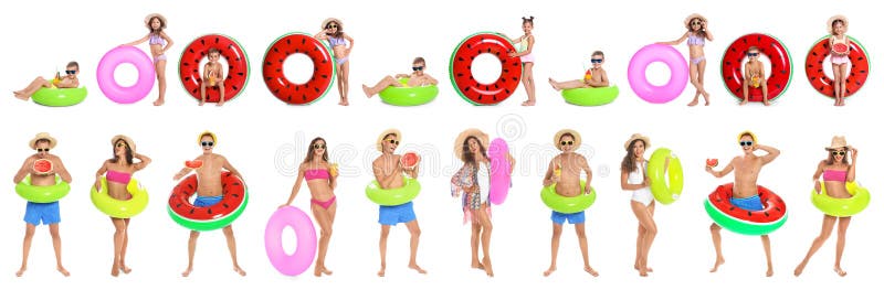 Set de persoane cu inele gonflabile stock image