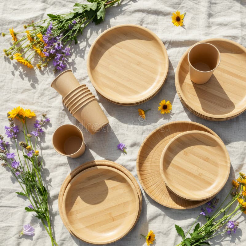 Set de picnic natural din bambus cu flori pe pânză de in royalty free illustration