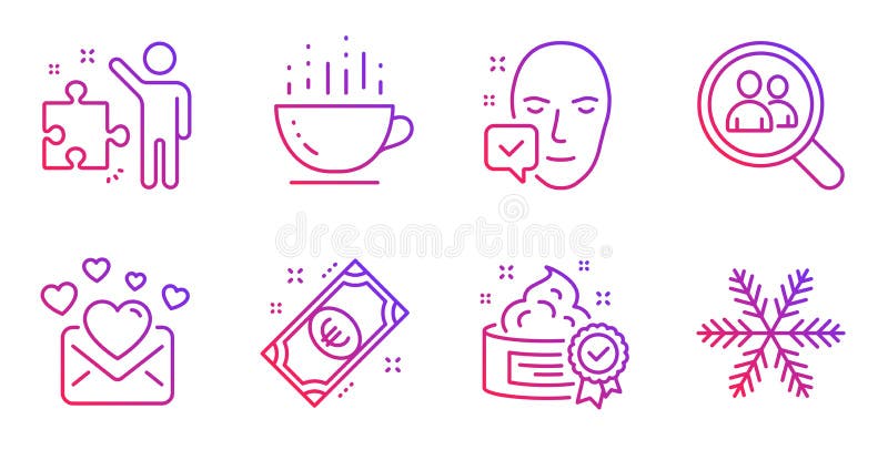 Set de pictograme Coffee Cup și cremă pentru angajați. E-mail de dragoste acceptat și semne de monedă euro. vector stock illustration