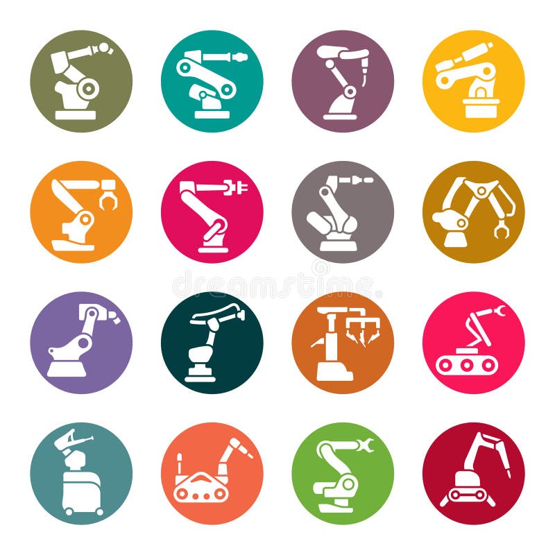 Set de pictograme colorate în cerc cu arme robotizate vector illustration