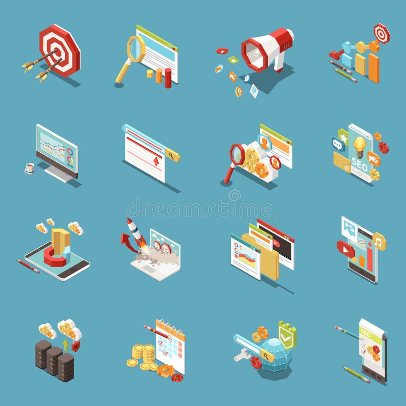 Set de pictograme izometrice seo web vector illustration