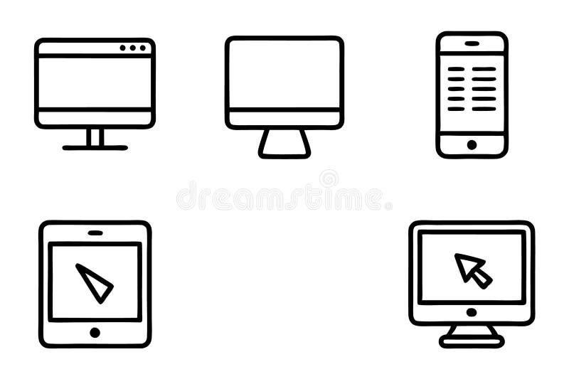 Set de pictograme Line Art cu pictograme web și dispozitive mobile pentru aplicații moderne, site-uri web și soluții digitale într royalty free illustration