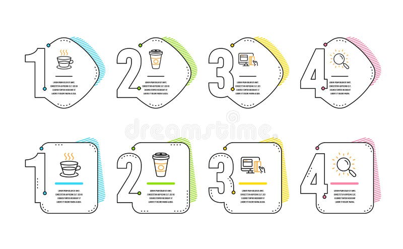 Set de pictograme pentru cafea și cafea pentru consum online. semn de căutare. cafea cu lapte fierbinte cană ceai. vector stock illustration