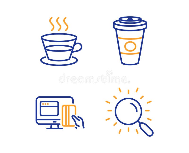 Set de pictograme pentru cafea și cafea pentru consum online. semn de căutare. cafea cu lapte fierbinte cană ceai. vector stock illustration