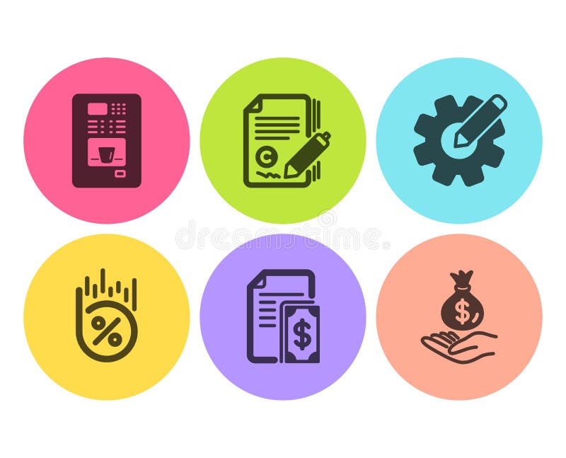 Set de pictograme pentru copiere și procente din credit. roțile de cafea și indicatoarele de venituri. vector stock illustration