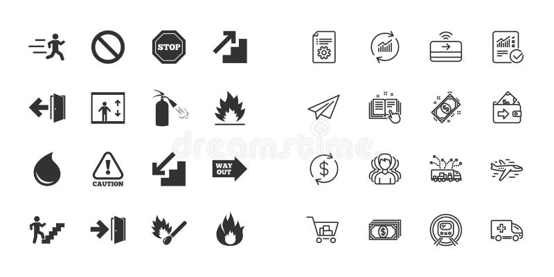 Set de pictograme pentru siguranța și protecția împotriva incendiilor în caz de urgență. vector royalty free illustration