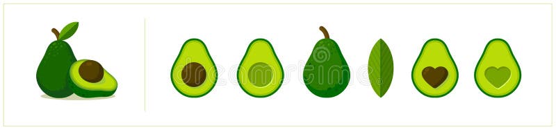 Set de pictograme plate pentru avocado vectorial. design de desene animate. jumătate întreagă feliată. avocado cu formă de inimă ș vector illustration