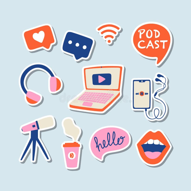 Set de pictograme podcast. colecția de autocolante : vorbirea difuzorului de căști de microfon bulbulește smartphone-ul notebook-u stock illustration