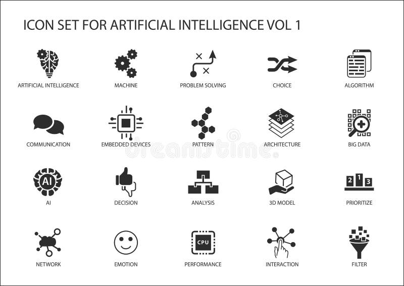 Set de pictograme vectoriale pentru conceptul de inteligență artificială. diferite simboluri pentru tematică, utilizând design pla vector illustration