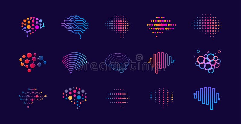 Set de puncte abstracte și linii concept de logotipuri cerebrale. sigla pentru învățarea în cadrul unei mașini de inovare în domen stock illustration