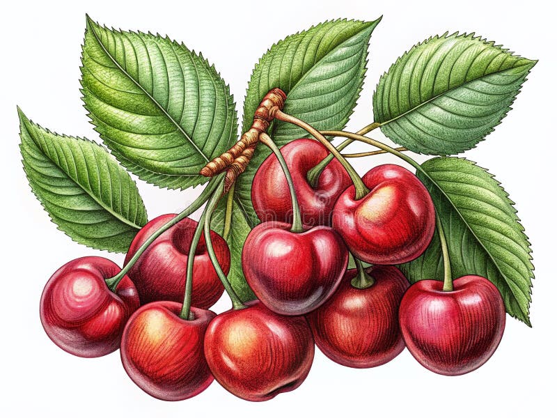 Set de schițe detaliate Cherry și Berry Exquisite Line Art și ilustrații color ale fructelor izolate pentru design stock illustration