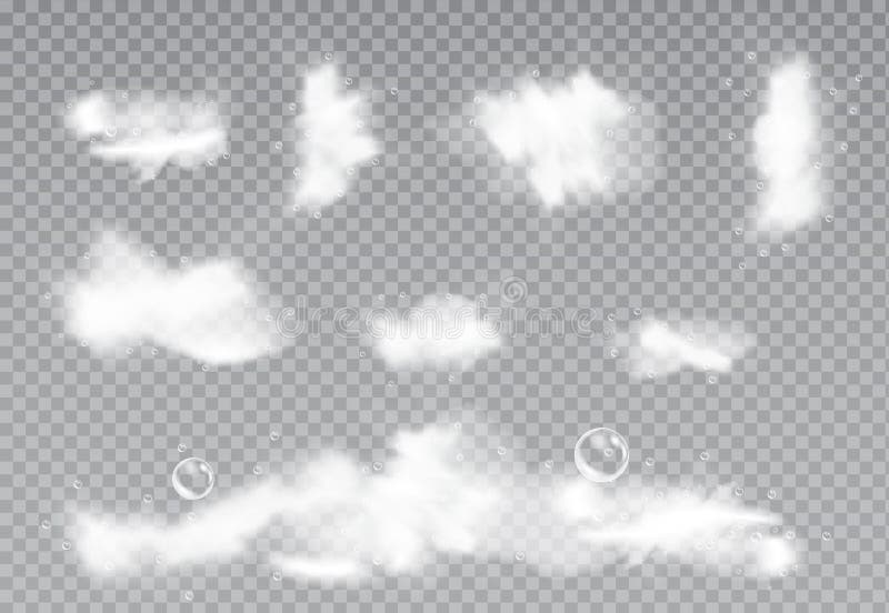 Set de spumă de baie izolată pe fond transparent. textura bulelor de șampon. săpun dizolvat în apă. efectul royalty free illustration