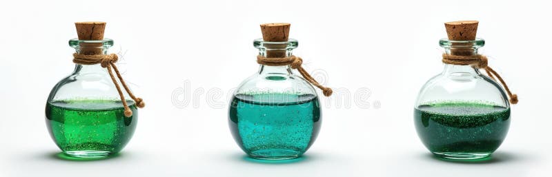 Set de sticle de poțiune magică cu lichid strălucitor izolat pe fundal alb. Conceptul de alchimie fantasy mister vrăjitoare royalty free illustration