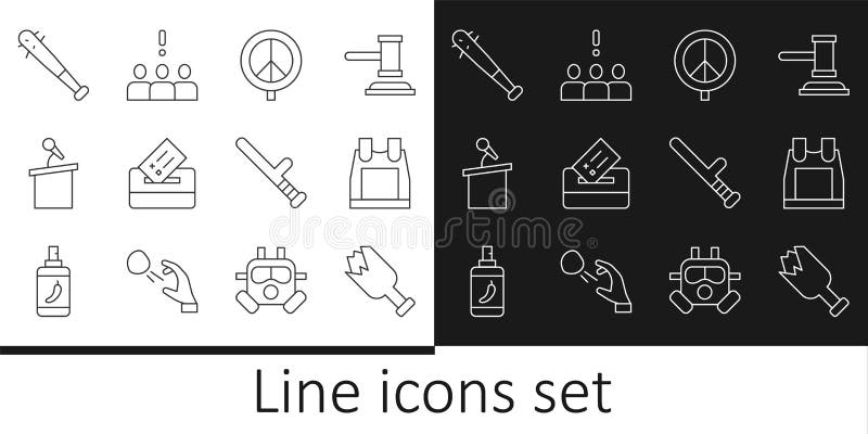 Set de sticle sparte linie ca arme antiglonț vesta de pace standul de încercare sau bâta de baseball tribune cu cuie vector illustration