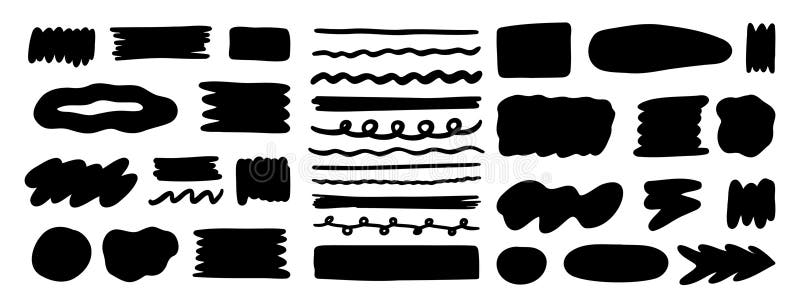 Set de texturi pentru pensula dreptunghiulară în formă de mâini grosiere și desenată manual. buton de linie și cadre circulare. ba royalty free illustration