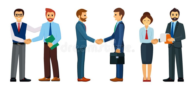 Set de întâmpinare pentru persoane de afaceri. oamenii de afaceri veseli încheie cu strângerea de mână de succes parteneriat profe stock illustration