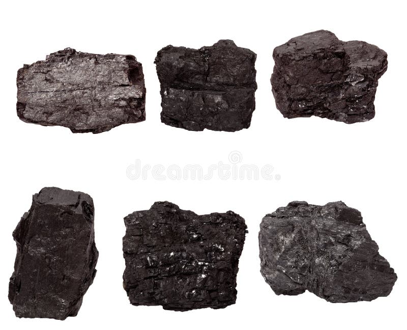 Set de șase bucăți de cărbune izolate pe un alb stock photos