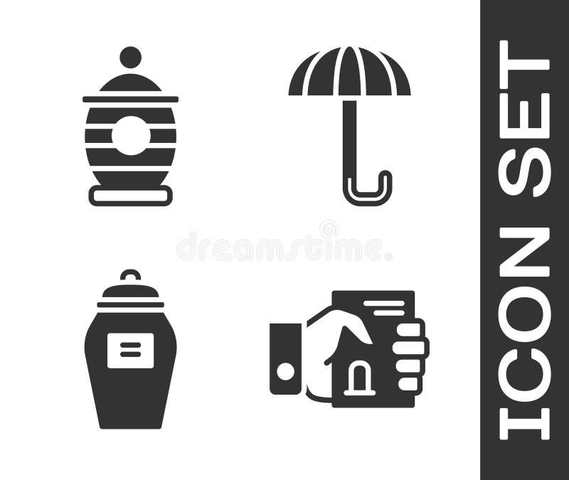 Set Death certificate in hand, Funeral urn, Funeral urn and Umbrella icon. Vector royalty free illustration