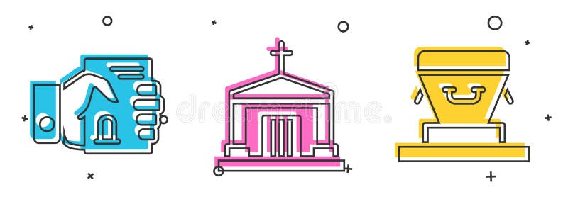 Set Death certificate in hand, Old crypt and Coffin icon. Vector stock illustration