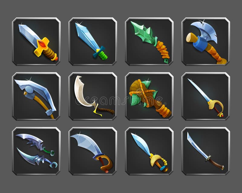 Set of decoration icons for games. Collection of medieval weapons.