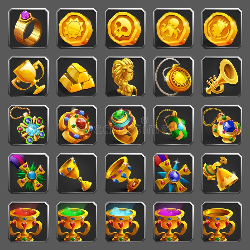 Set of decoration icons for games. Golden reward, treasure, achievement and token.