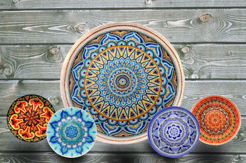 Set of Decorative Ceramic Plates Hand Painted Dot Pattern with Acrylic