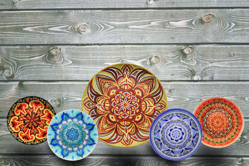 Set of Decorative Ceramic Plates Hand Painted Dot Pattern with Acrylic