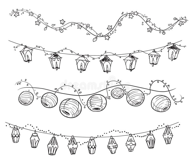 Set of decorative light garlands, party decoration vector line art stock illustration