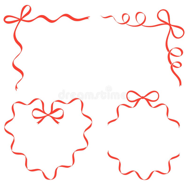 Set of decorative red ribbon bow frames with flowing ribbon tails in a clean minimalist vector style