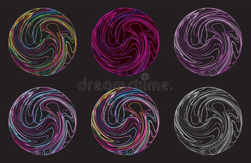 Set of Decorative Spheres. Abstract Round Spiral Striped Design Element