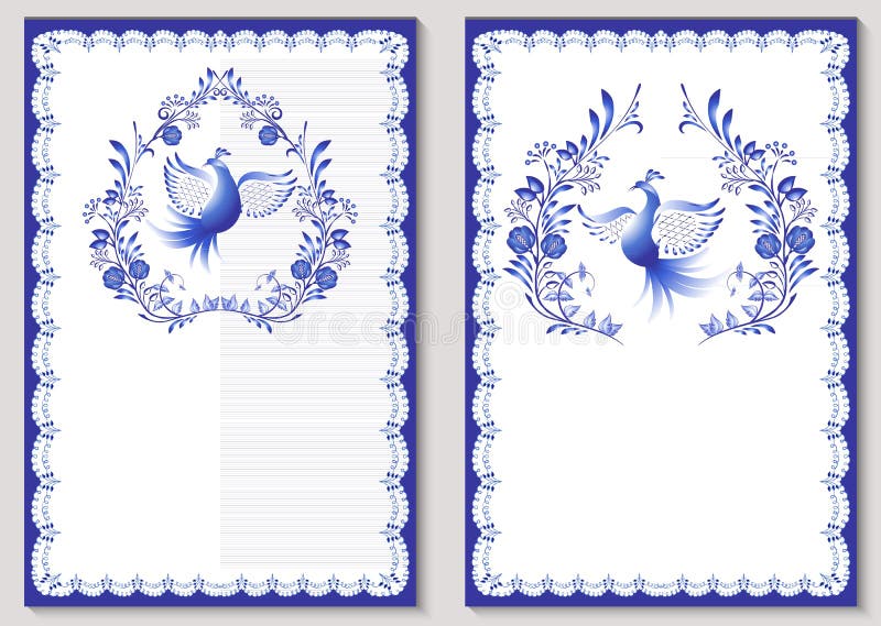 Set of decorative templates for greeting card or invitations with ornaments in the style of traditional porcelain painting. Blue p