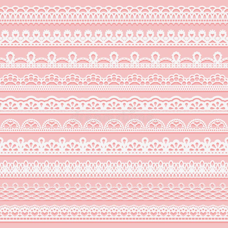 Set of delicate lace borders for design. White seamless ribbons on a pink background.