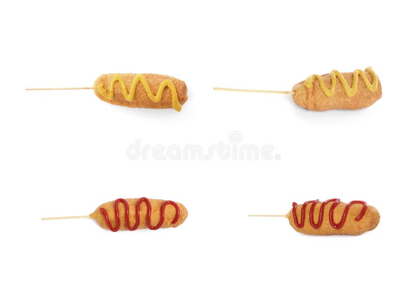 Set with Delicious Deep Fried Corn Dogs on White Background Stock Photo