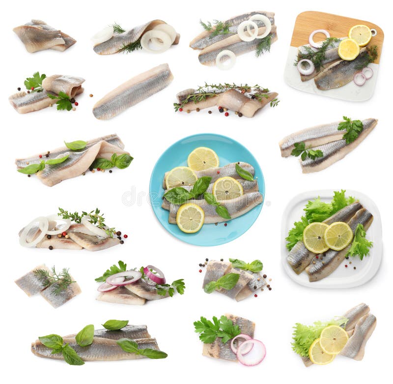 Set with Delicious Salted Herring Fillets on White Background Stock