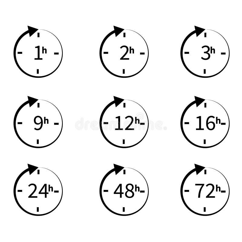 Set of delivery service time icons on white background. flat style. clock arrow 1, 3, 6, 9, 12, 16, 24, 48, 72 hours icon for your vector illustration Set of delivery service time icons on white background. flat style. clock arrow 1, 3, 6, 9, 12, 16, 24, 48, 72 hours icon for your vector illustration