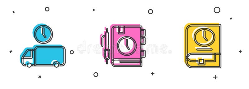 Set Delivery time, Daily paper notepad and Time for book icon. Vector royalty free illustration