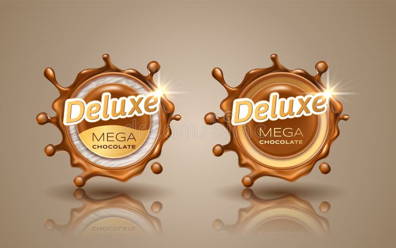 Set of deluxe design labels in gold color isolated on background. Swirl dynamic splash of milk chocolate. Chocolate royalty free illustration Set of deluxe design labels in gold color isolated on background. Swirl dynamic splash of milk chocolate. Chocolate royalty free illustration
