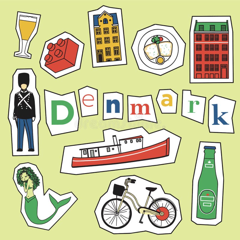 Set of Denmark landmark and icons