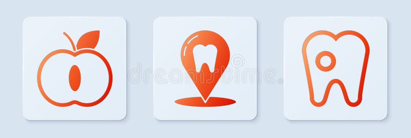 Set Dental Clinic Location, Apple and Tooth with Caries. White Square