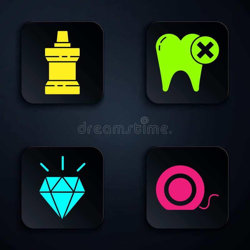 Set Dental Floss, Mouthwash Plastic Bottle, Diamond Teeth and Tooth with Caries. Black Square