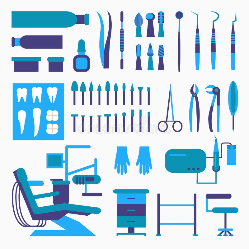 Set of Dentist Tools and Equipments. Dental Office, Implants Care. Stock Vector Illustration